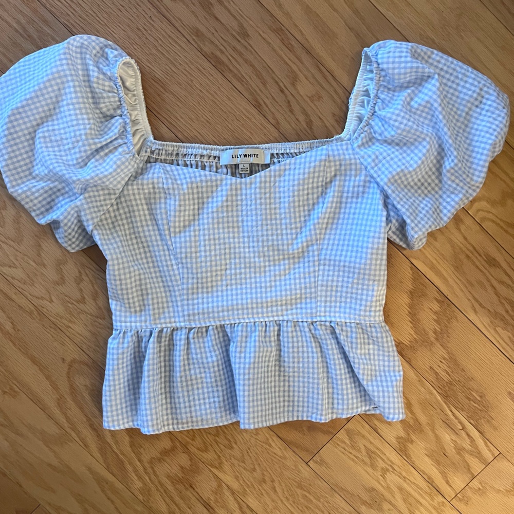 Puff sleeve blue/white gingham top